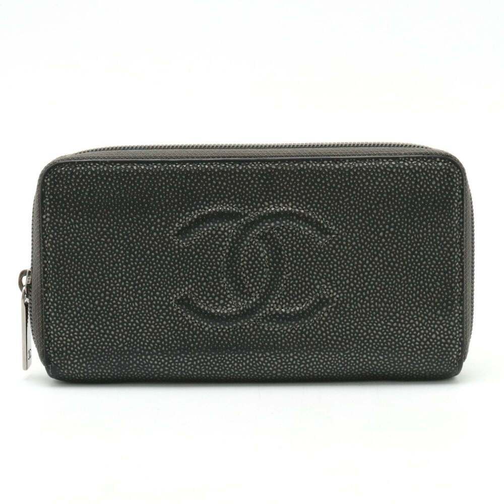 CHANEL Gray Caviar Leather Logo Wallet